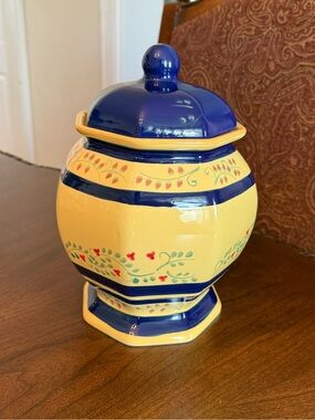 Vtg. LTD Commodities Hand-Painted Yellow with Blue Banding Biscotti / Cookie Jar